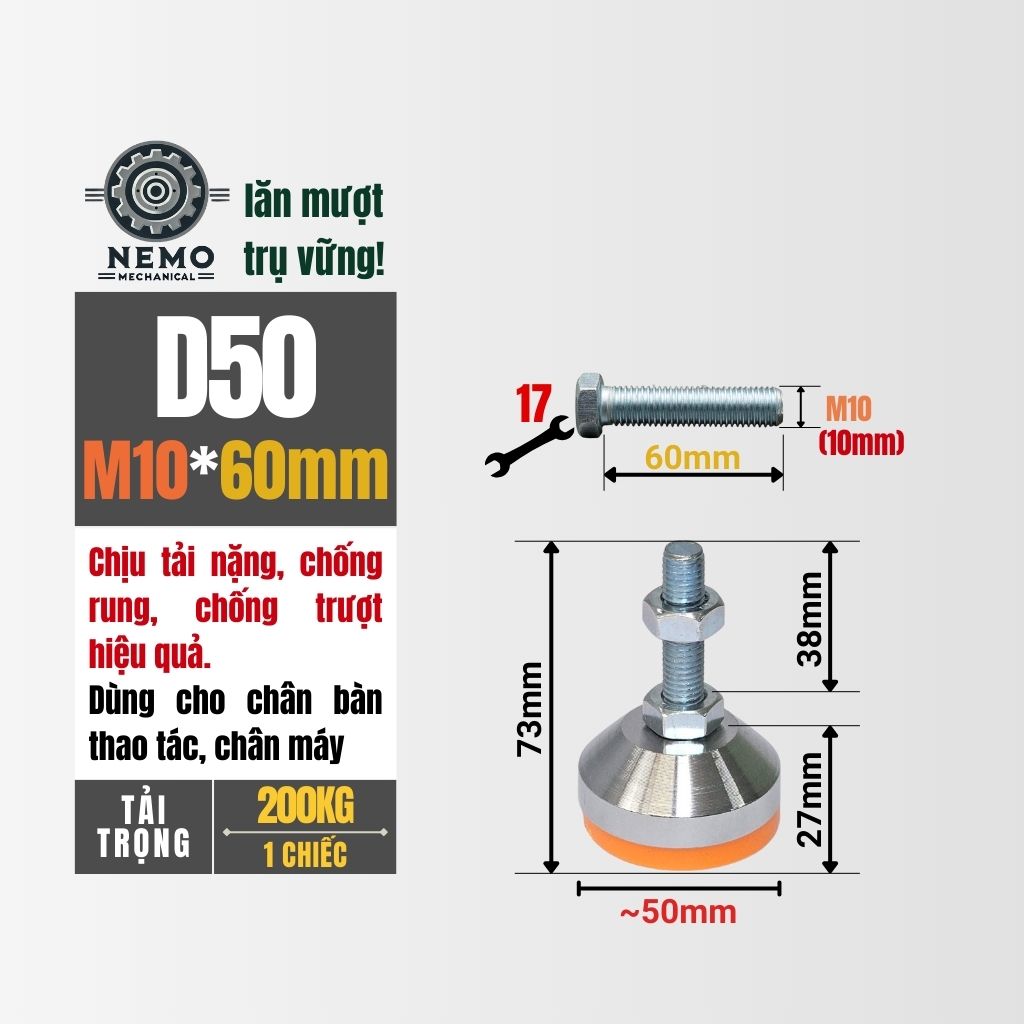 Chân Tăng Chỉnh Chịu Tải Nặng – Bát Thép Mạ Crom, Chịu Lực 1.5 Tấn (M10, M12)